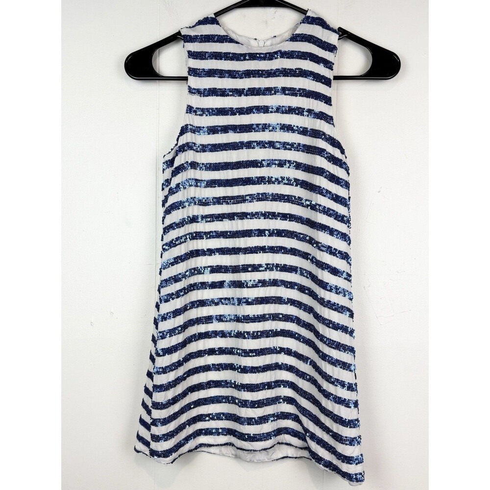 Jeune Otte Girls 8 Dress Silk White Blue Sequin Sparkle Wedding Event Stripes
